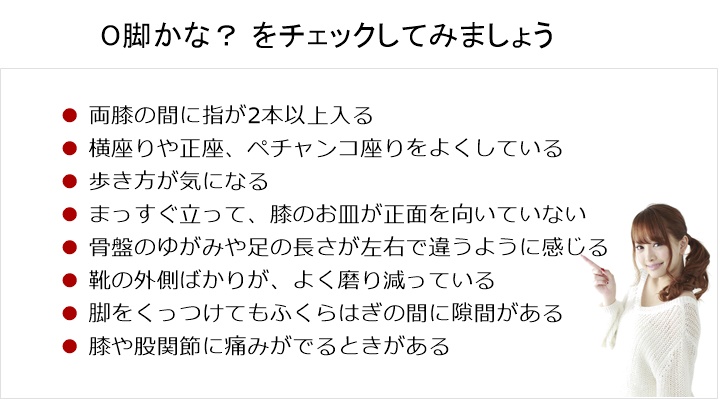 Ｏ脚かんたんチェック。両膝の間に指が2本以上入る□　横座りや正座、ペチャンコ座りをよくしている□　歩き方が気になる□　まっすぐ立って、膝のお皿が正面を向いていない□　骨盤のゆがみや足の長さが左右で違うように感じる□　靴の外側ばかりが、よく磨り減っている□　脚をくっつけてもふくらはぎの間に隙間がある□　膝や股関節に痛みがでるときがある