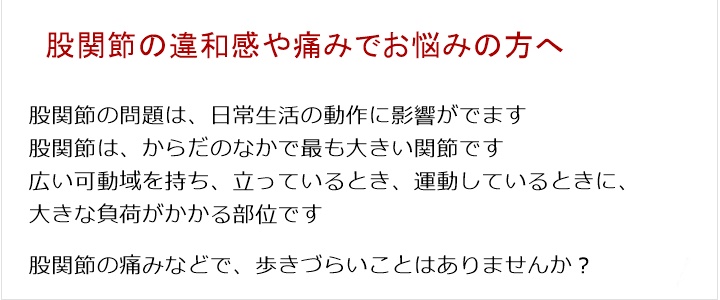 骨盤の歪み 　 姿勢がわるい   　股関節の痛み　　筋肉のアンバランス。股関節の痛み・違和感で歩きづらいことはありませんか？股関節の痛み・・・骨盤のゆがみ、筋肉のアンバランス股関節は、からだのなかで最も大きい関節ですそして、広い可動域を持ち、立っているとき、運動しているときに、大きな負荷がかかる部位です股関節の問題は、日常生活の動作に影響がでます股関節の痛みなどで、歩きづらいことはありませんか？