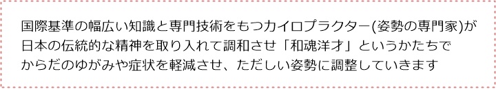 国際基準の幅広い知識と専門技術をもつカイロプラクター(姿勢の専門家)が、日本の伝統的な精神を取り入れて調和させ「和魂洋才」というかたちで、からだのゆがみや症状を軽減させ、ただしい姿勢に調整していきます。姿勢が変われば　からだは変わる正しい姿勢になれば　からだは　もっと変わる