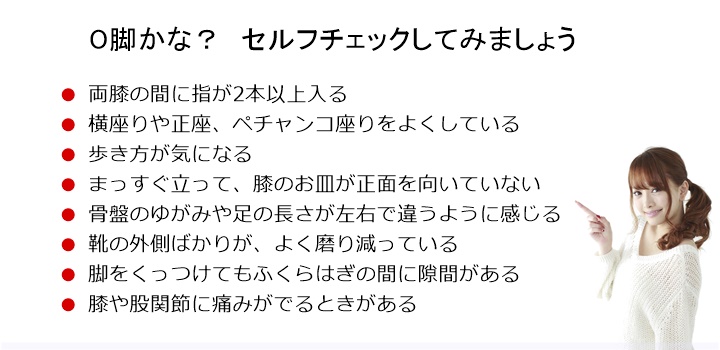 Ｏ脚かんたんチェック。両膝の間に指が2本以上入る□　横座りや正座、ペチャンコ座りをよくしている□　歩き方が気になる□　まっすぐ立って、膝のお皿が正面を向いていない□　骨盤のゆがみや足の長さが左右で違うように感じる□　靴の外側ばかりが、よく磨り減っている□　脚をくっつけてもふくらはぎの間に隙間がある□　膝や股関節に痛みがでるときがある