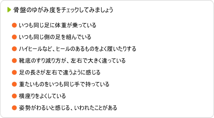 骨盤のゆがみ度をチェックしてみましょう。いつも同じ足に体重が乗っている。いつも同じ側の足を組んでいる。ハイヒールなど、ヒールのあるものをよく履いたりする。靴底のすり減り方が、左右で大きく違っている。足の長さが左右で違うように感じる。重たいものをいつも同じ手で持っている。横座りをよくしている。姿勢がわるいと感じる、いわれたことがある。